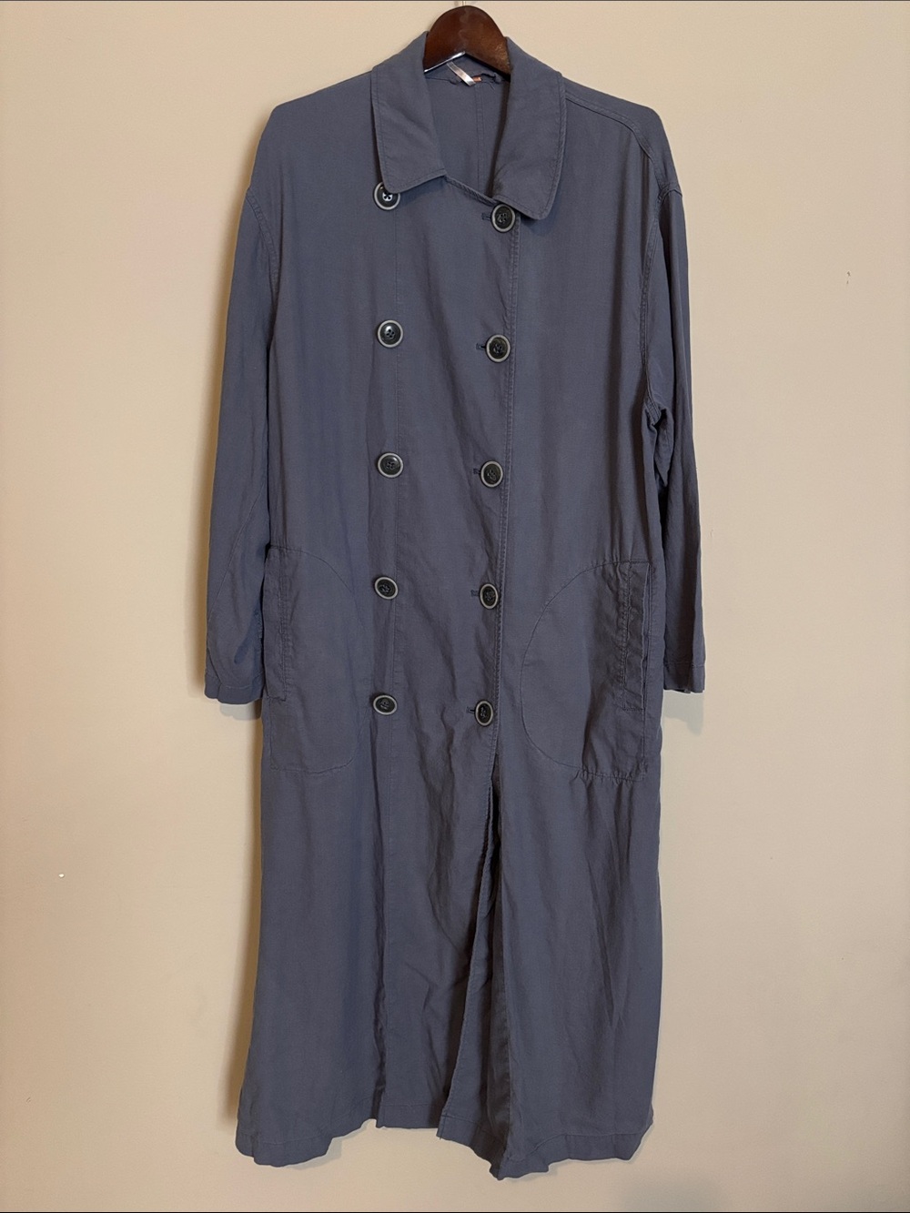 Free People Sweet Melody Trench Coat Duster Double Breast Slate Blue Linen Blend